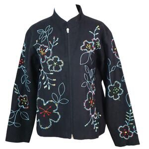 Vintage 90s Y2K Stonebridge Black LINEN Jacket Embroidered Floral Zip Zipper PS